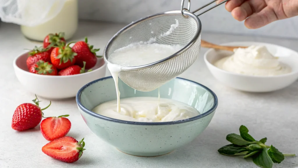 Straining Greek yogurt with a mesh strainer for thickness.