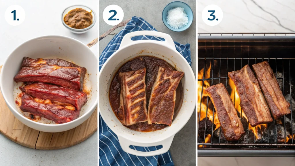 Step-by-step images showing marinated, oven-baked, and grilled country-style beef ribs in different cooking stages.