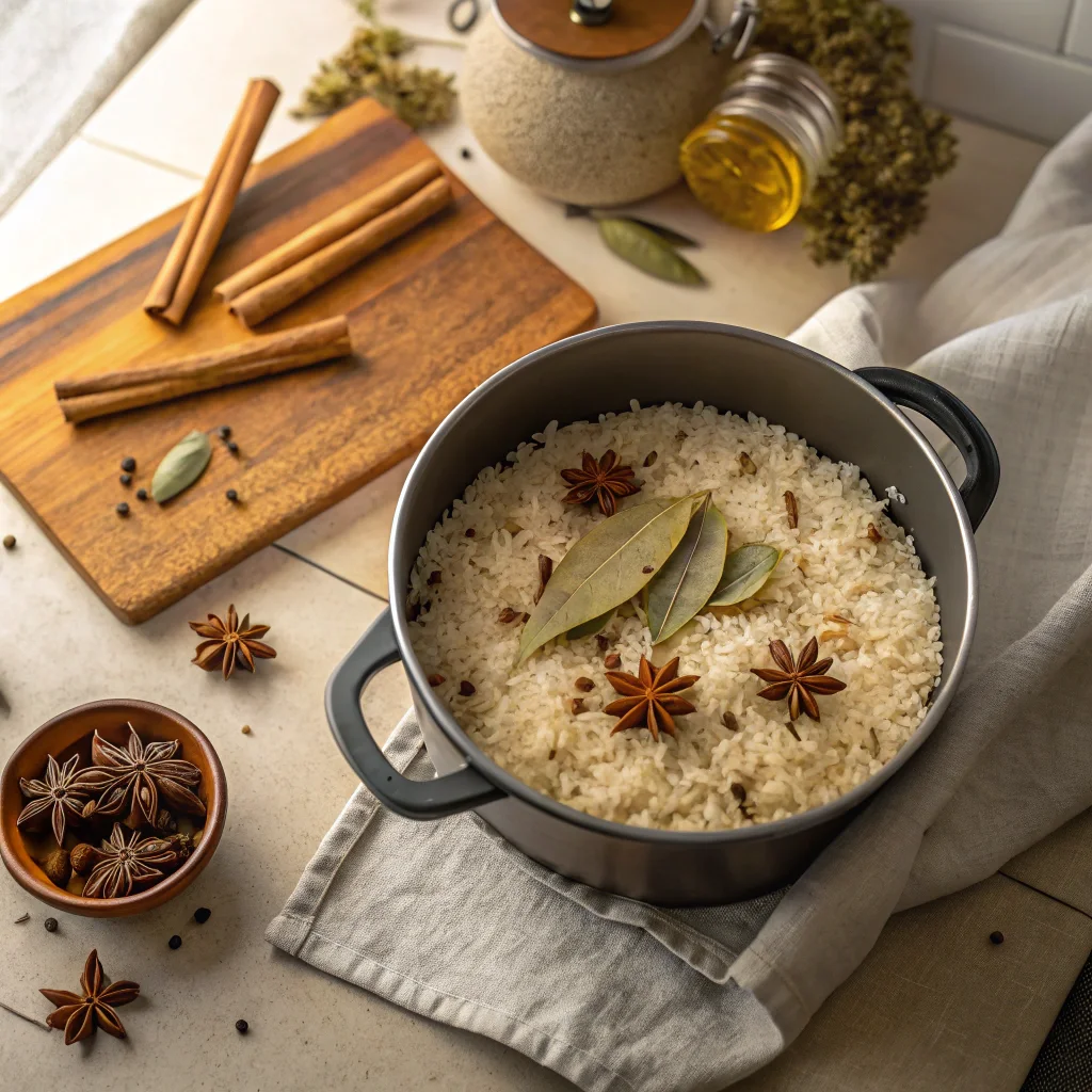 Adding herbs and spices to rice for flavor