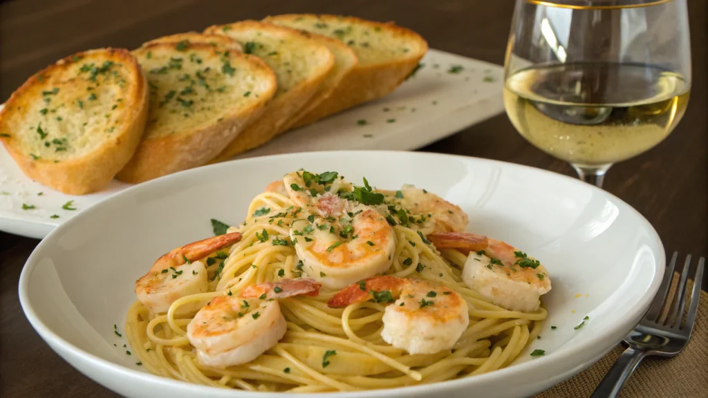 shrimp garlic butter pasta served with garlic brea