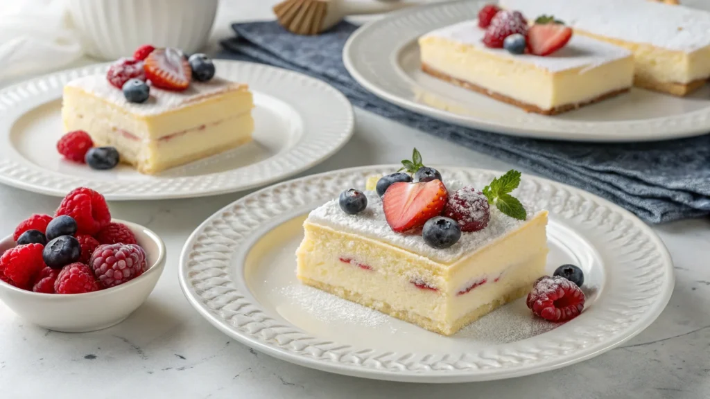 "Slices of kefir sheet cake served with berries"