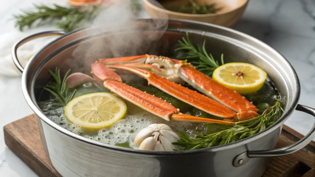 snow crab legs being steamed in a pot with garlic