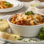 A plate of beefaroni topped with melted cheese and parsley, served with garlic bread and roasted broccoli.