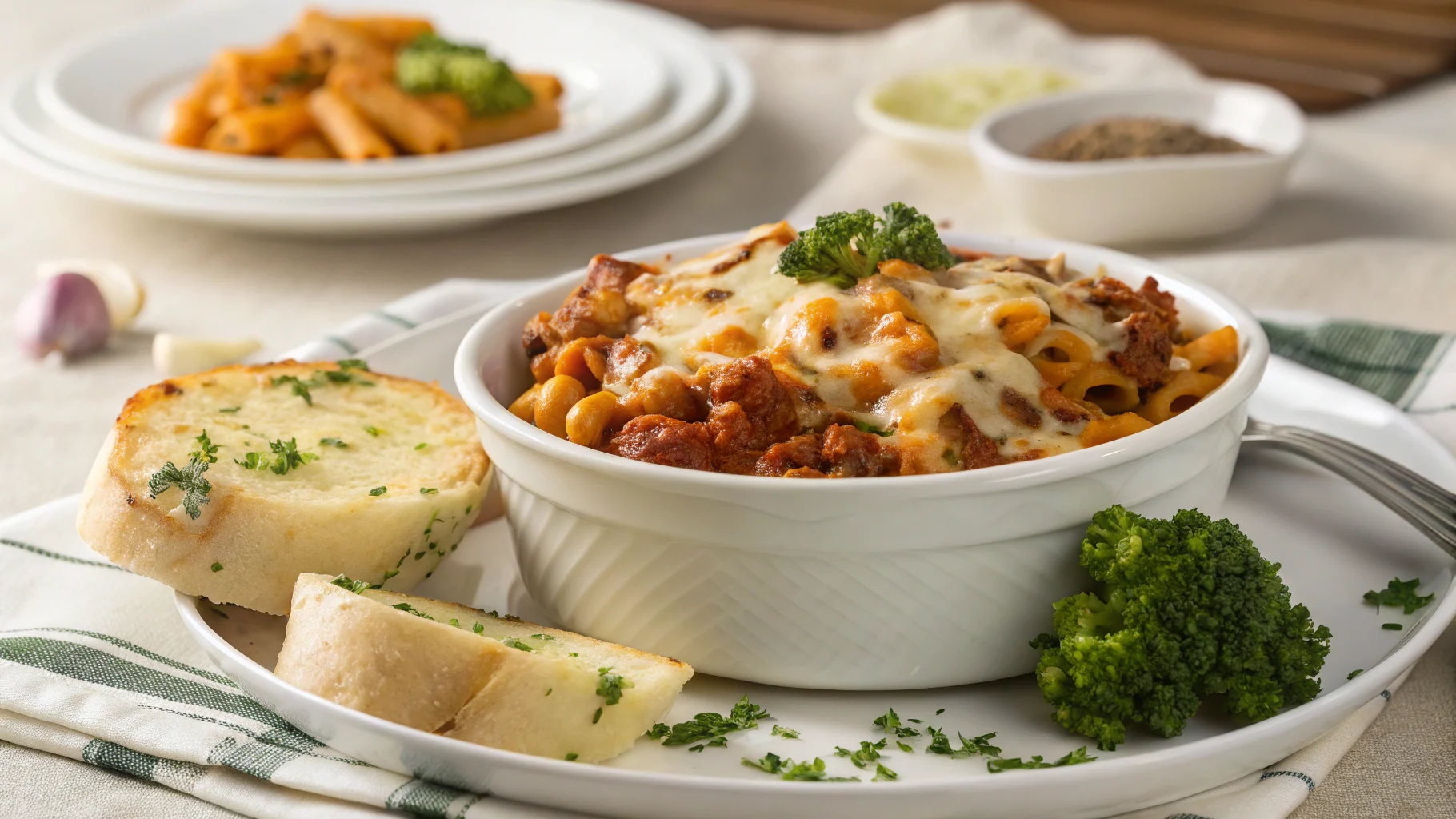 A plate of beefaroni topped with melted cheese and parsley, served with garlic bread and roasted broccoli.