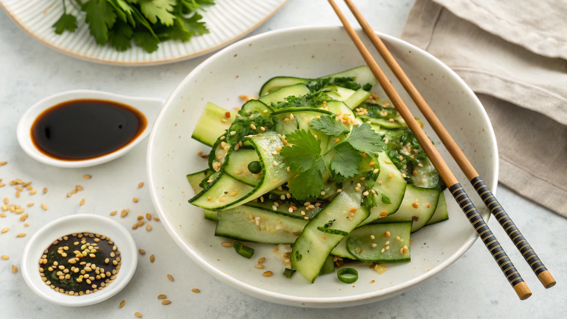 Plated Din Tai Fung cucumber salad with sesame seeds, chili oil, and cilantro on a white ceramic plate.