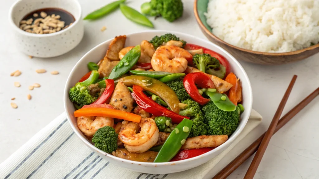 Chicken and shrimp stir-fry with vegetables in soy-ginger sauce.