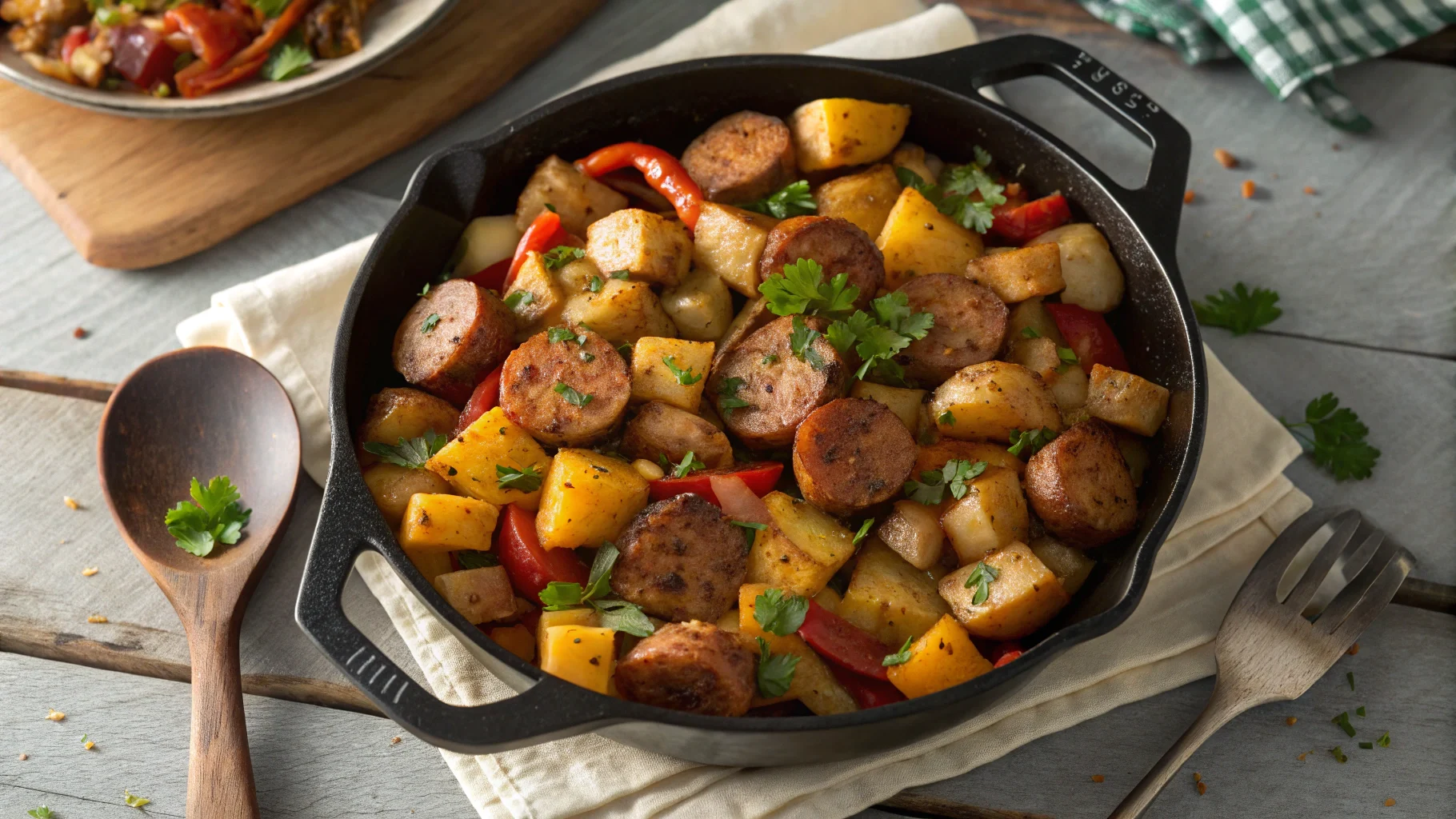 "Hearty sausage and potato skillet dinner with golden-brown sausage, crispy potatoes, and fresh parsley in a rustic skillet."