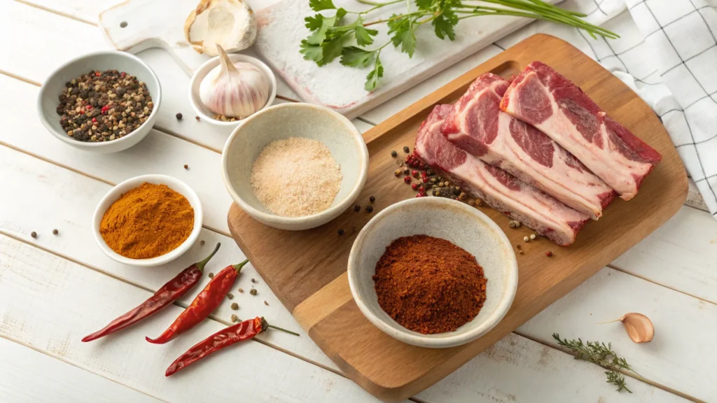 Ingredients for a country style beef ribs recipe, including spices, brown sugar, and raw beef ribs on a wooden countertop.