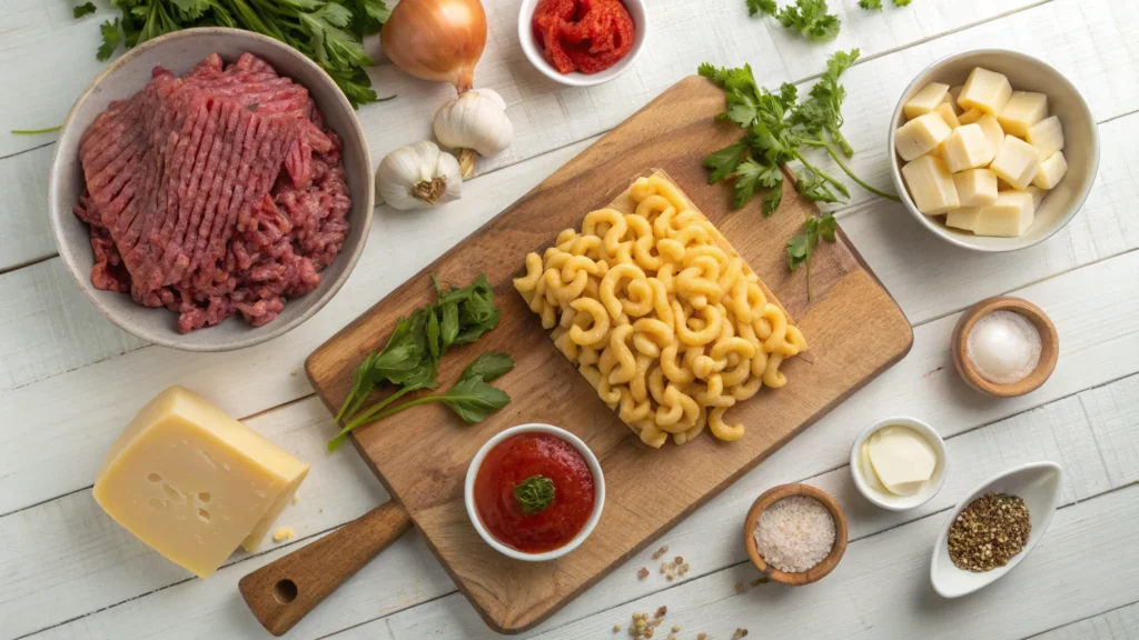 Ingredients for beefaroni, including macaroni, ground beef, cheese, tomato paste, garlic, and fresh herbs, arranged on a wooden cutting board.