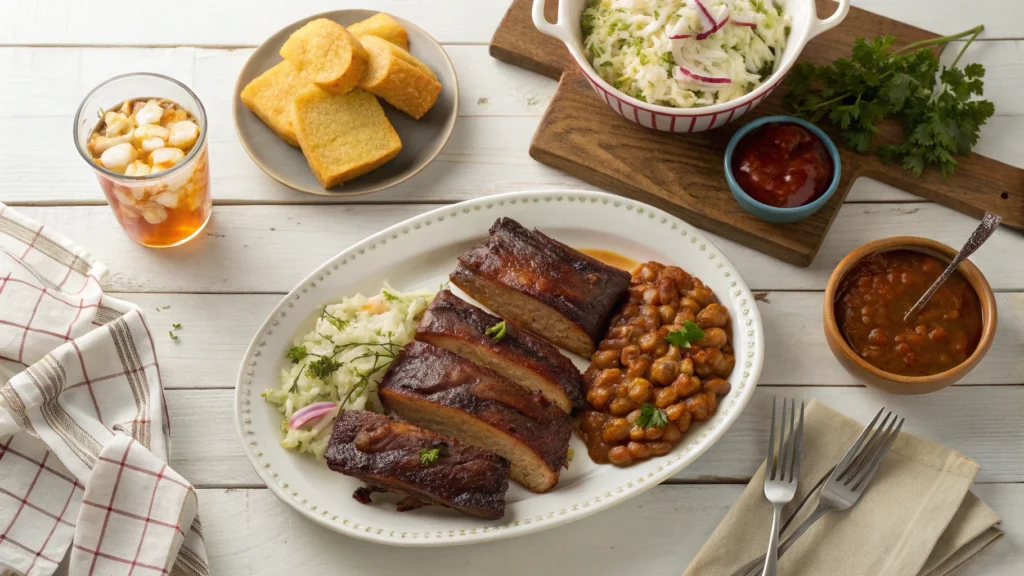 A dinner table spread with country style beef ribs, coleslaw, baked beans, and cornbread.