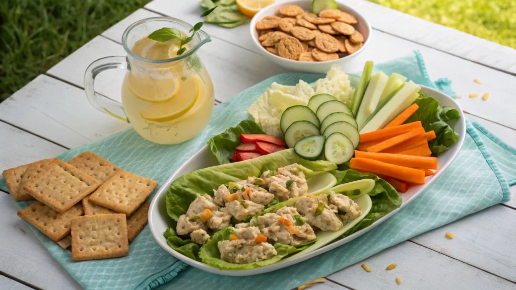  Fancy Nancy chicken salad in a bowl, garnished with red grapes, diced apples, and pecans, surrounded by fresh ingredients.