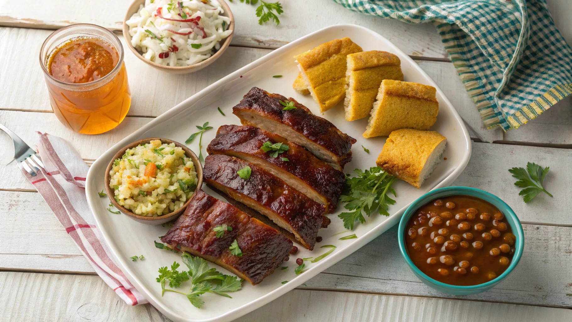 Country style beef ribs recipe featuring barbecue-glazed ribs on a platter with classic side dishes.