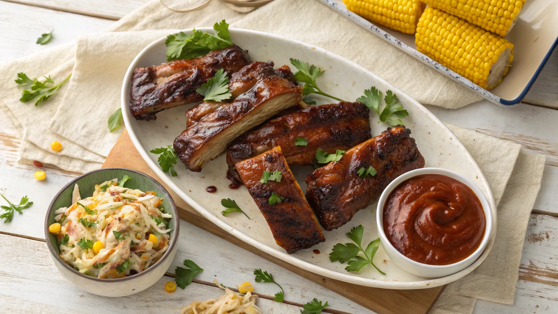 A platter of tender country style beef ribs brushed with barbecue sauce, garnished with parsley, served with coleslaw and grilled corn.