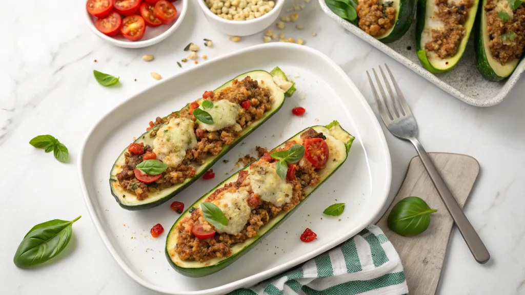 "Zucchini boats stuffed with sausage, quinoa, tomatoes, and melted cheese on a white plate, garnished with fresh basil."