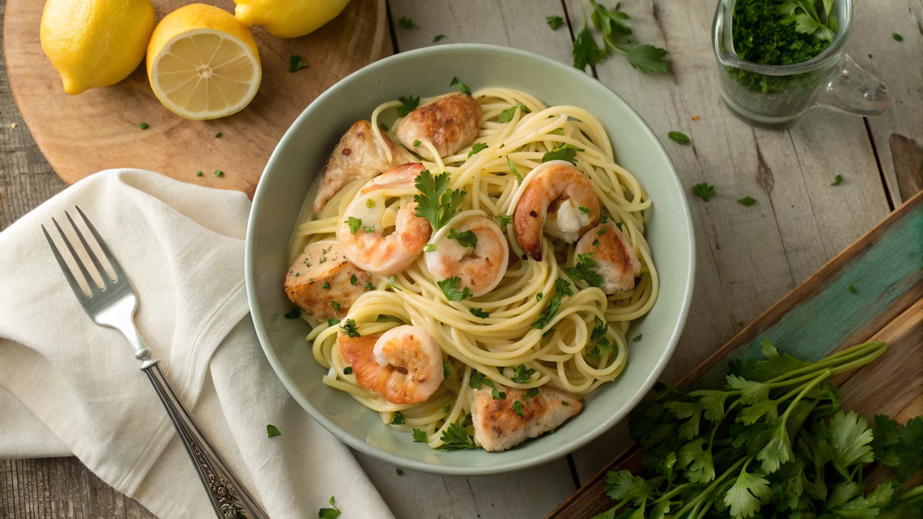 Chicken and shrimp scampi over linguine with lemon and parsley.