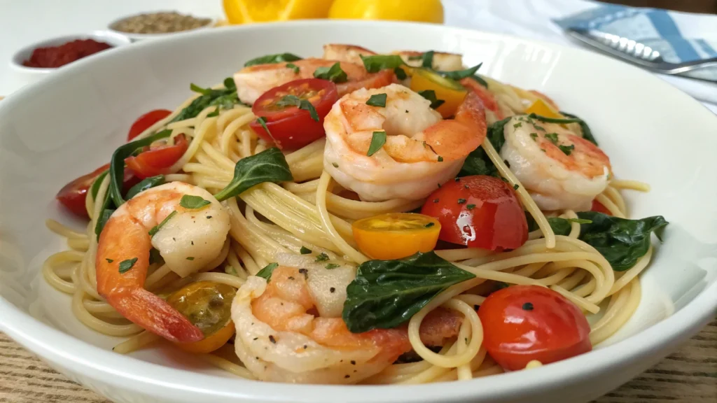 vegetable loaded shrimp garlic butter pasta with