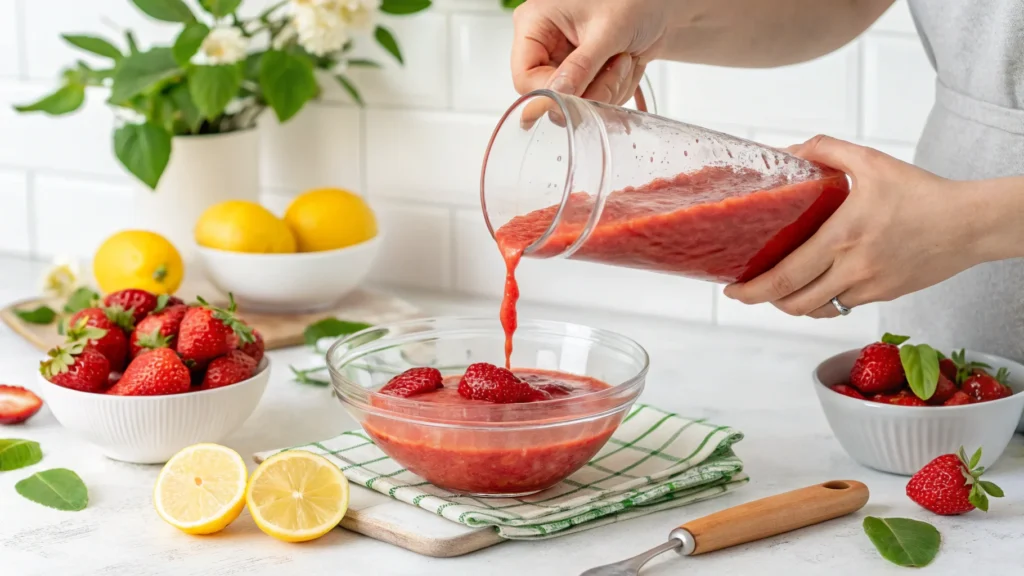 Homemade strawberry puree being poured