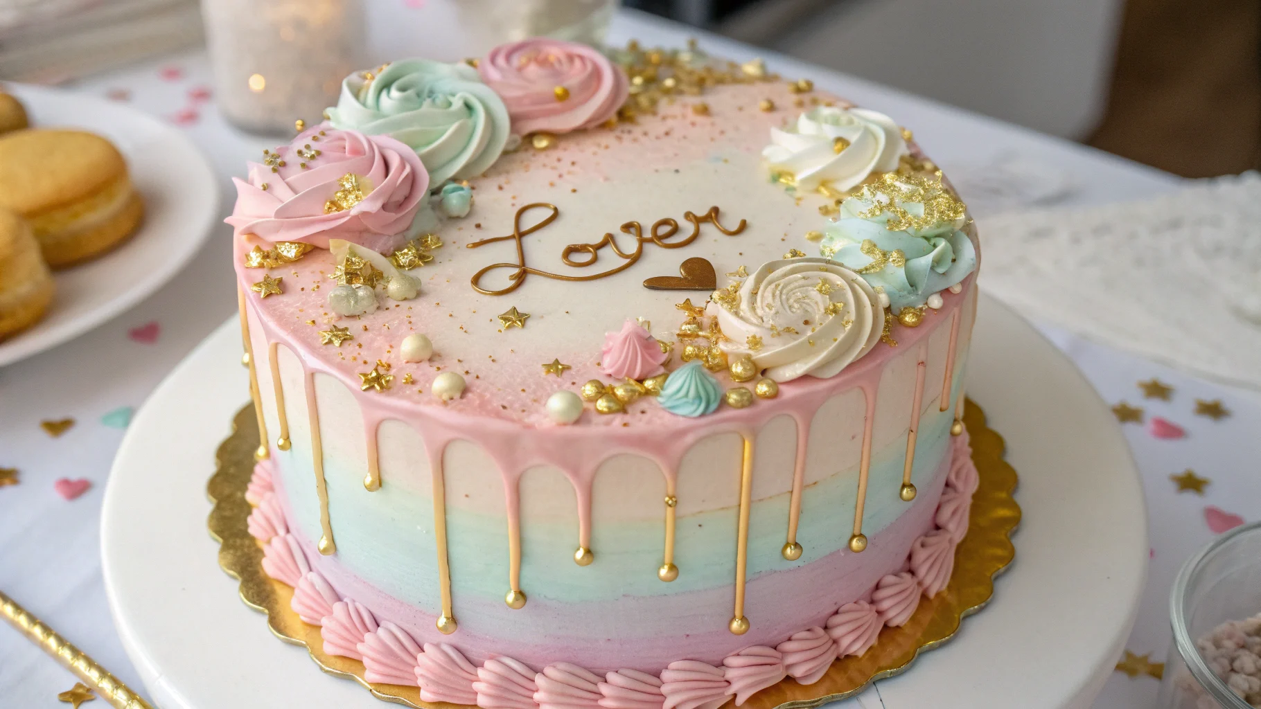 Taylor Swift Cake with pastel decorations and gold details