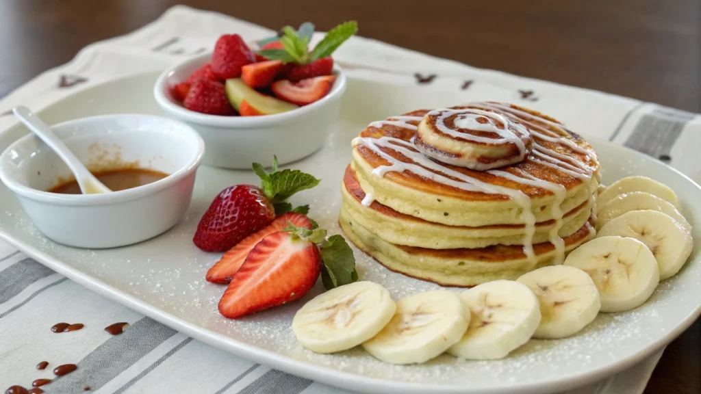 Cinnamon roll pancakes served with fresh fruit and extra glaze.