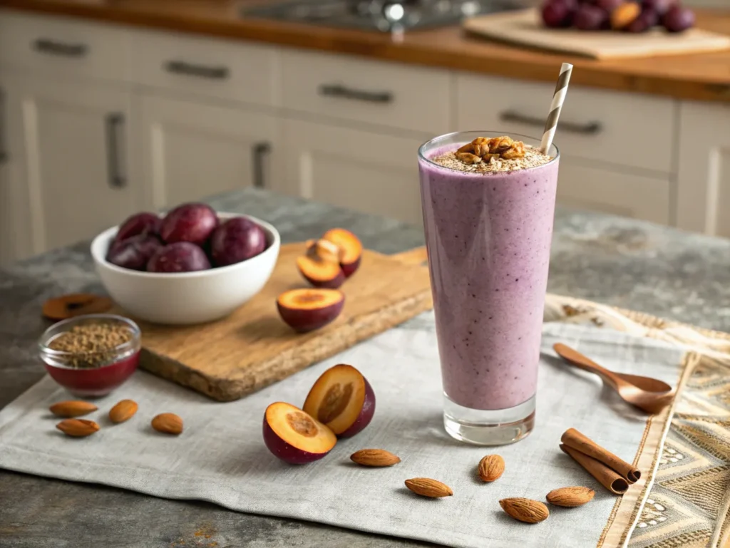 "A beautifully presented plum almond milk smoothie in a tall glass, topped with sliced plums and a sprinkle of cinnamon. The glass sits on a rustic kitchen counter with almonds scattered around."