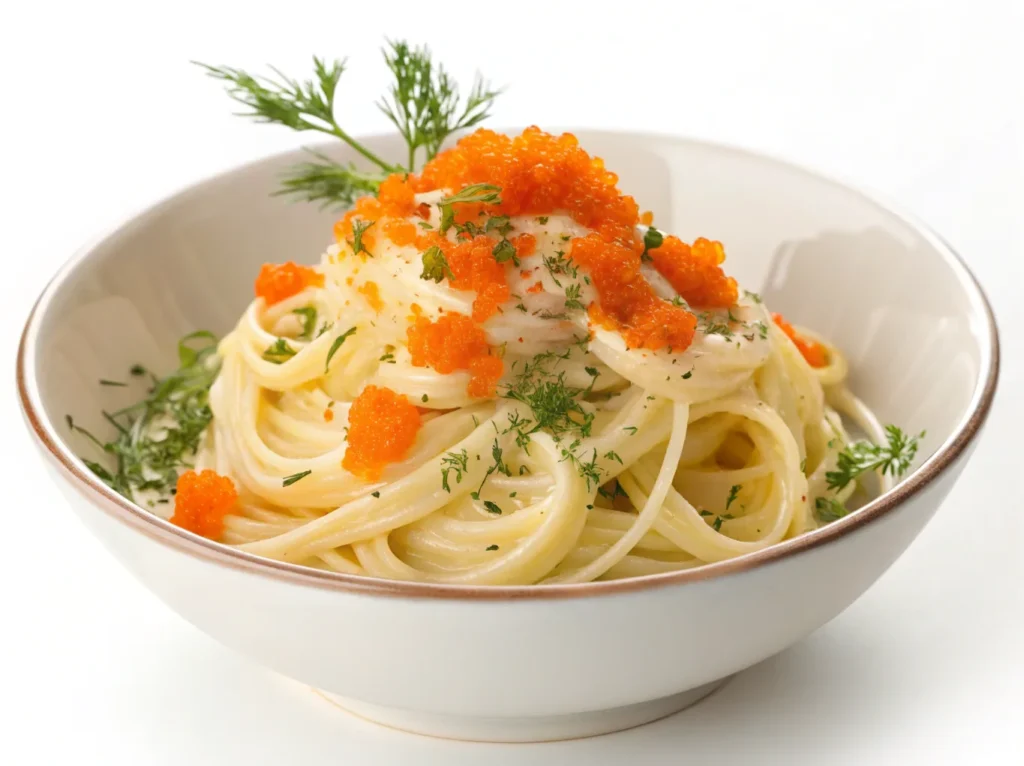 a bowl of creamy tobiko pasta with orange roe spr