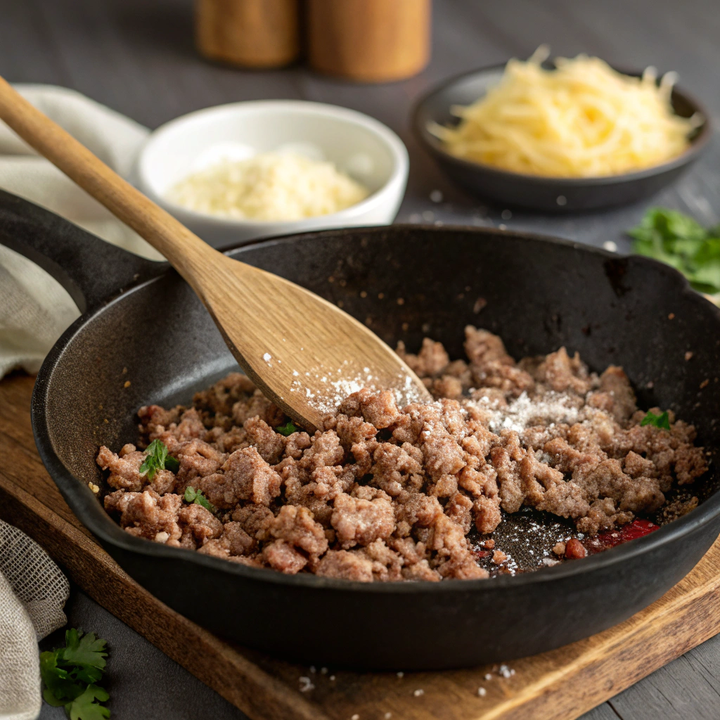 Cooking ground beef for hamburger and potato casserole