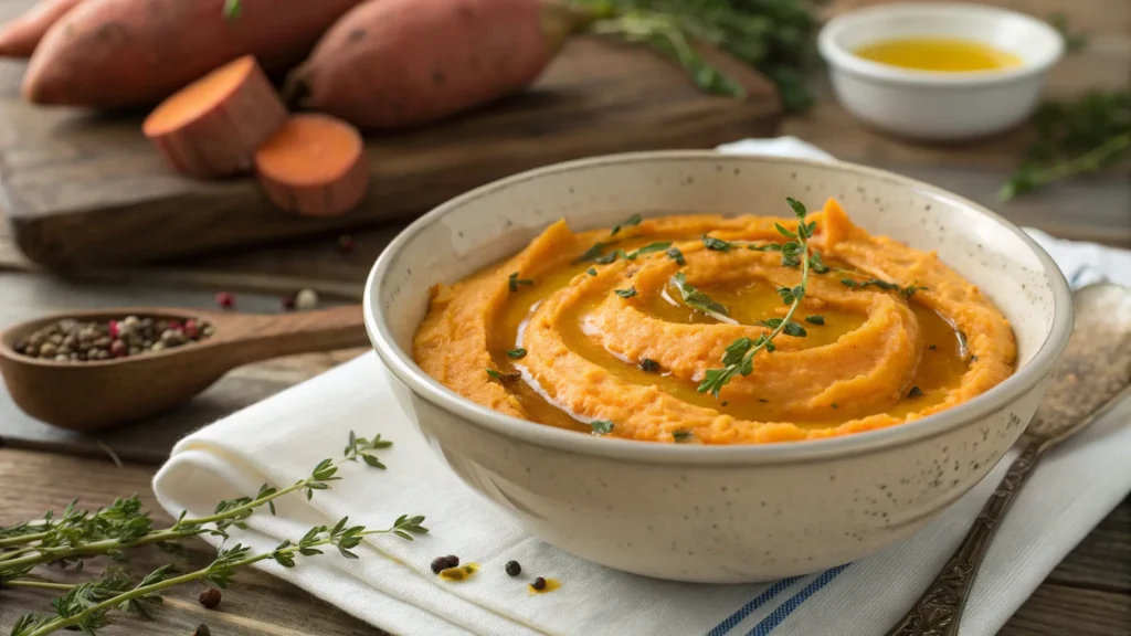 Creamy sweet potato puree in a rustic bowl