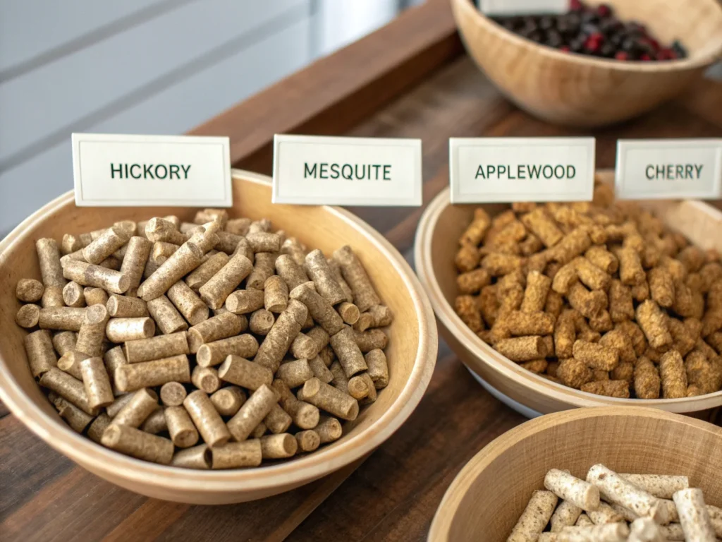 a close up image of various wood pellets in bowls