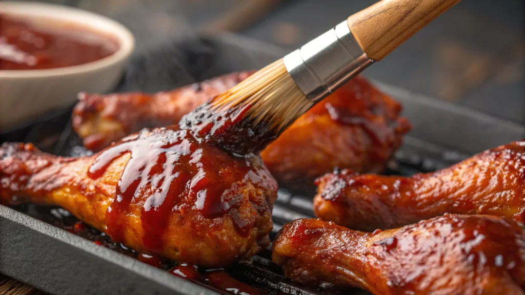 a close up of a brush applying thick bbq sauce on