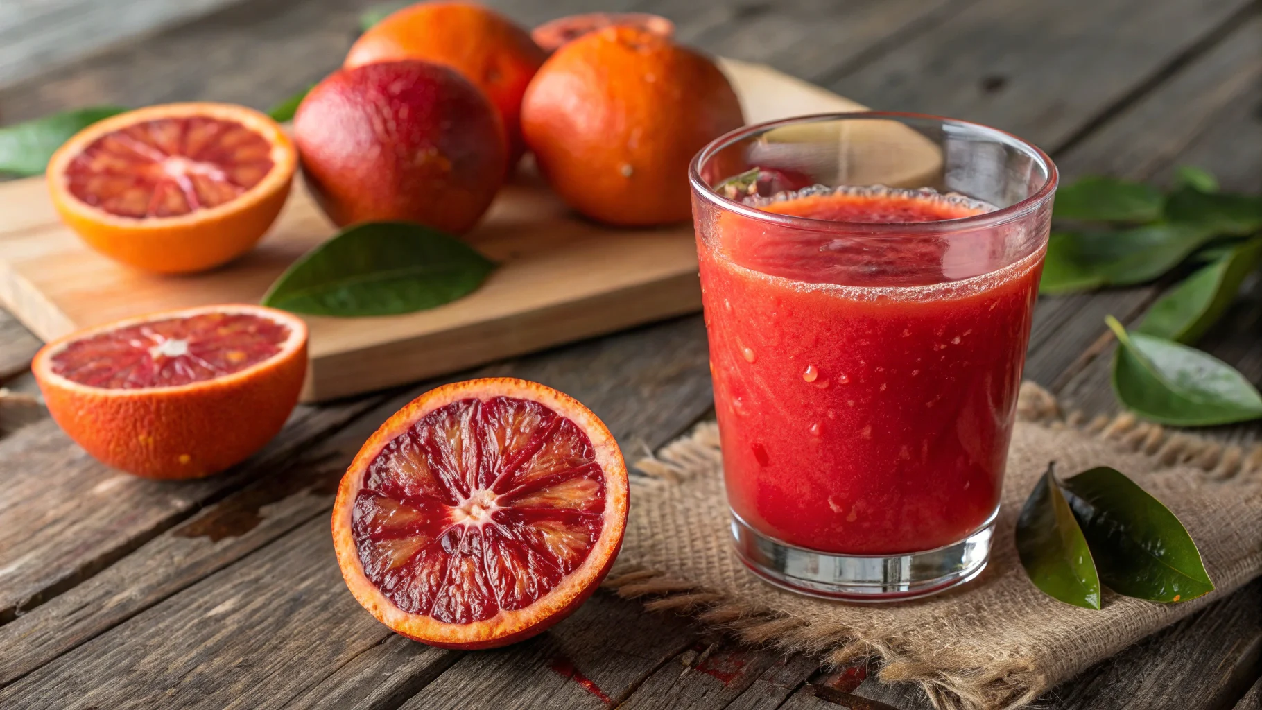 Freshly squeezed blood orange juice in a glass with whole and sliced blood oranges.