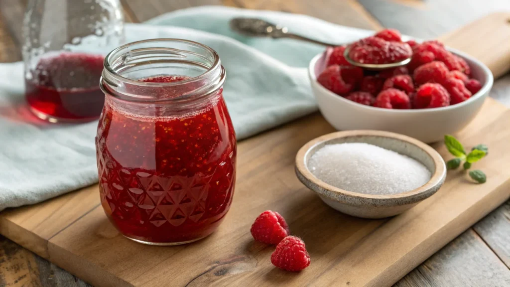 Homemade Raspberry Syrup in a Glass Jar