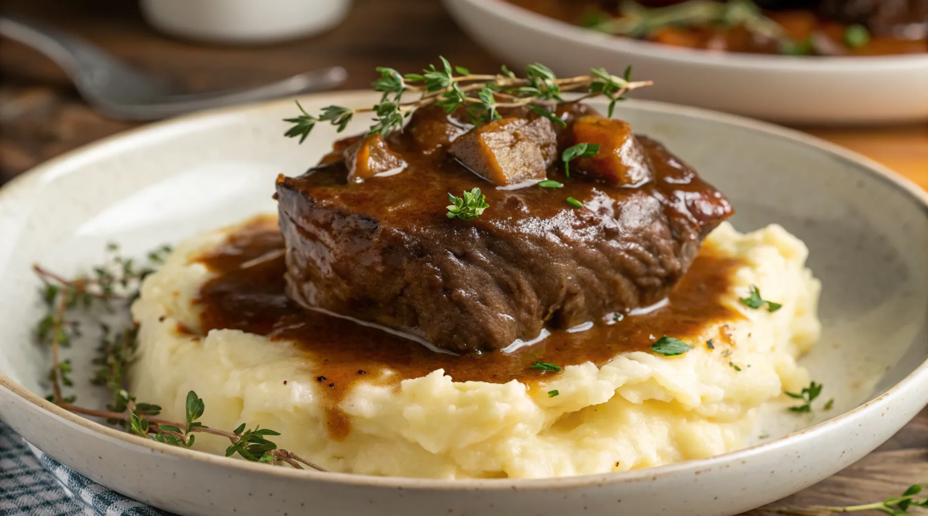 Beef cheeks being seared in a hot cast iron pan.