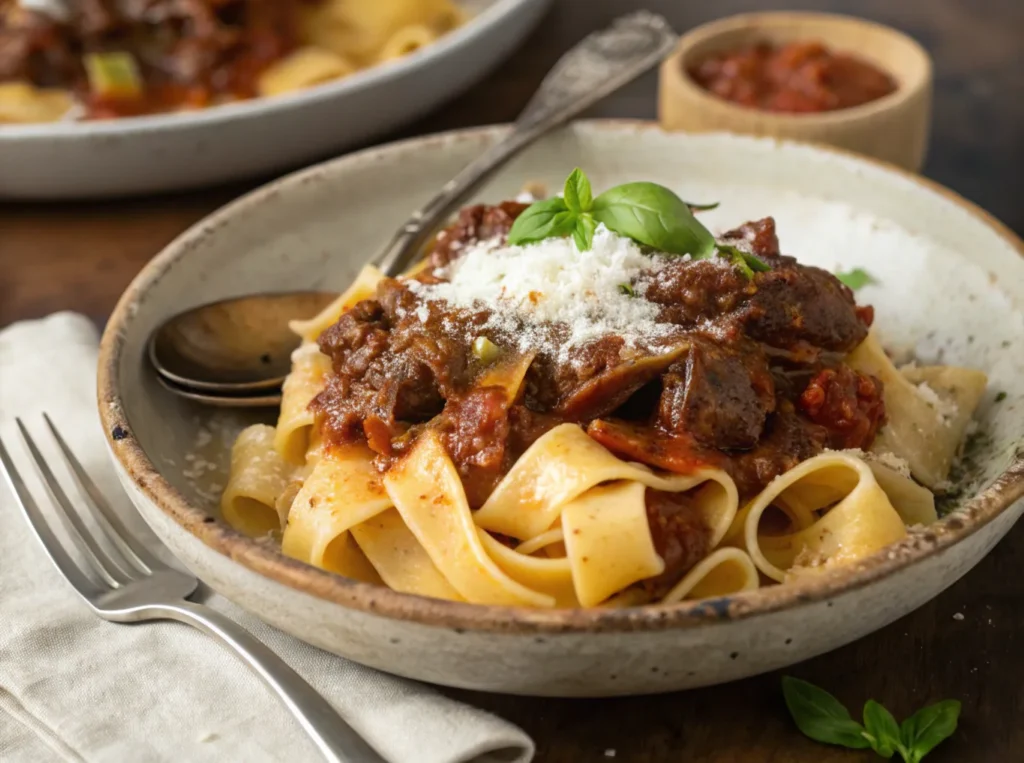 a close up of a rich beef cheek ragu served over p