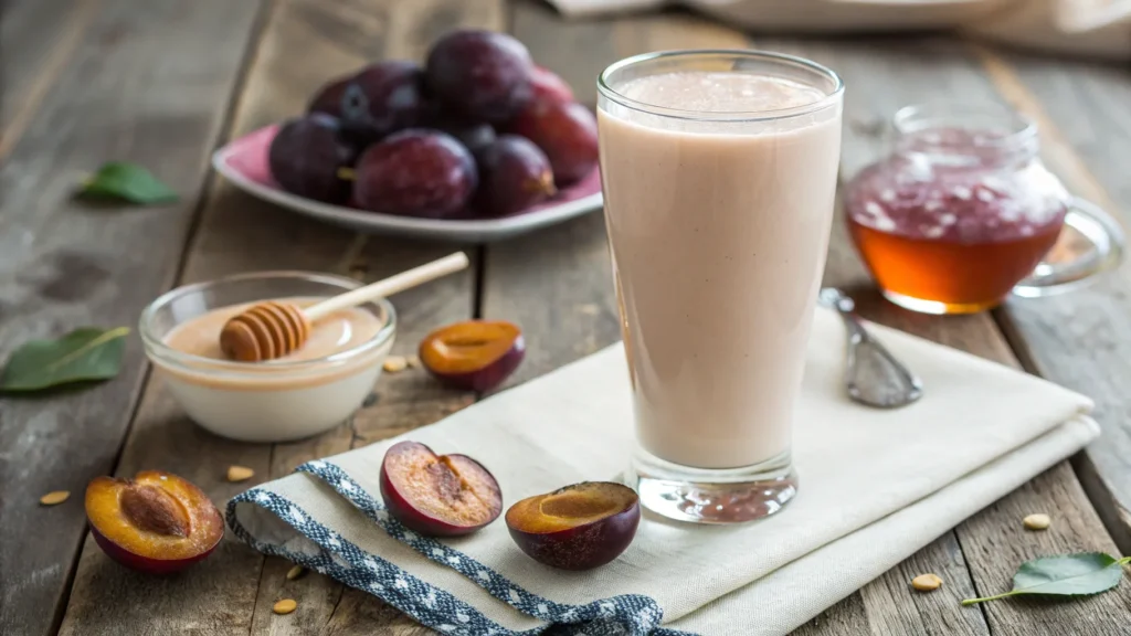 Fresh homemade plum milk in a glass with ripe plums