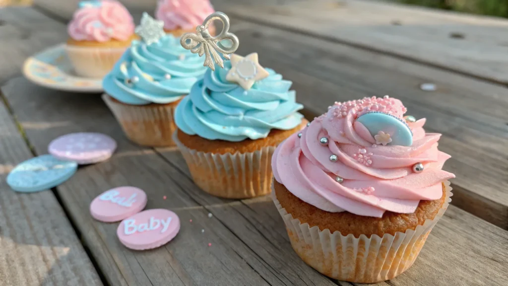 Gender reveal cupcakes decorated with pink and blue frosting