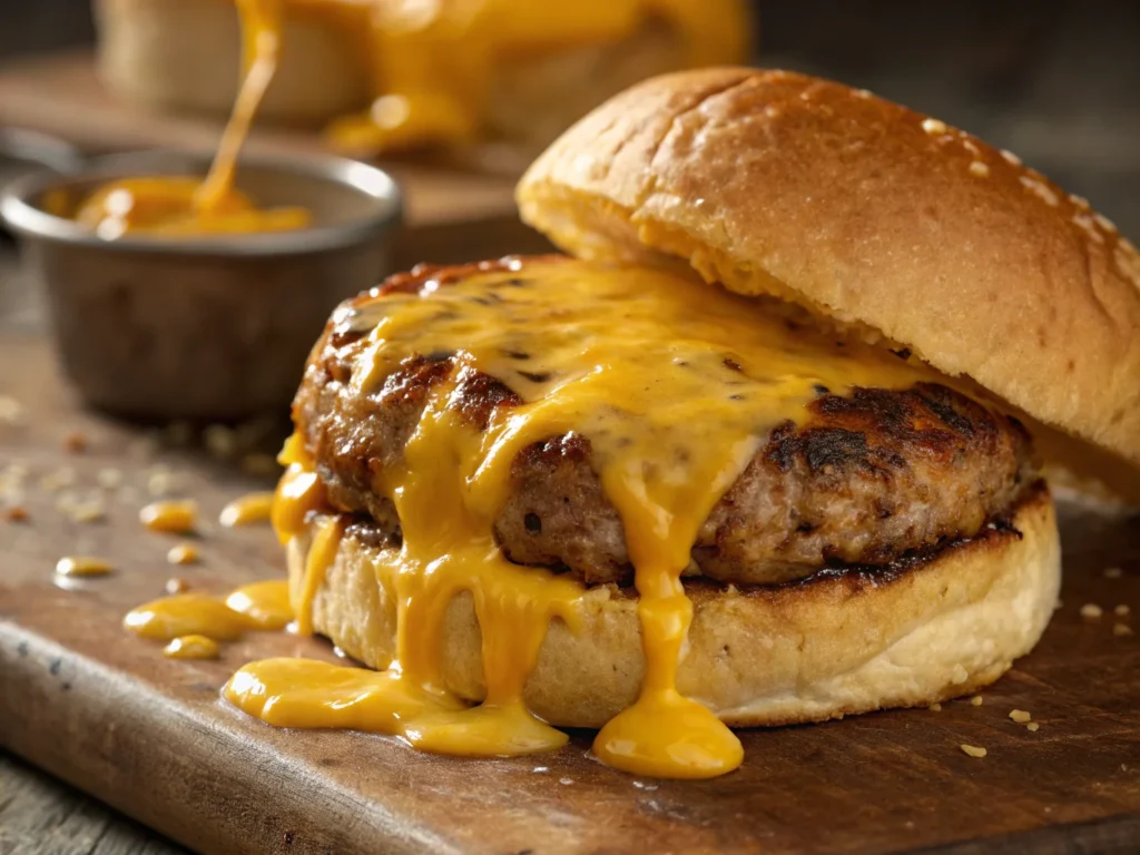 a close up of colby jack cheese melting over a gr