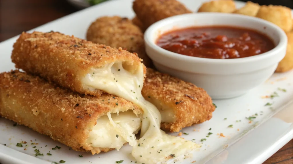 Crispy mozzarella cheese sticks with marinara sauce