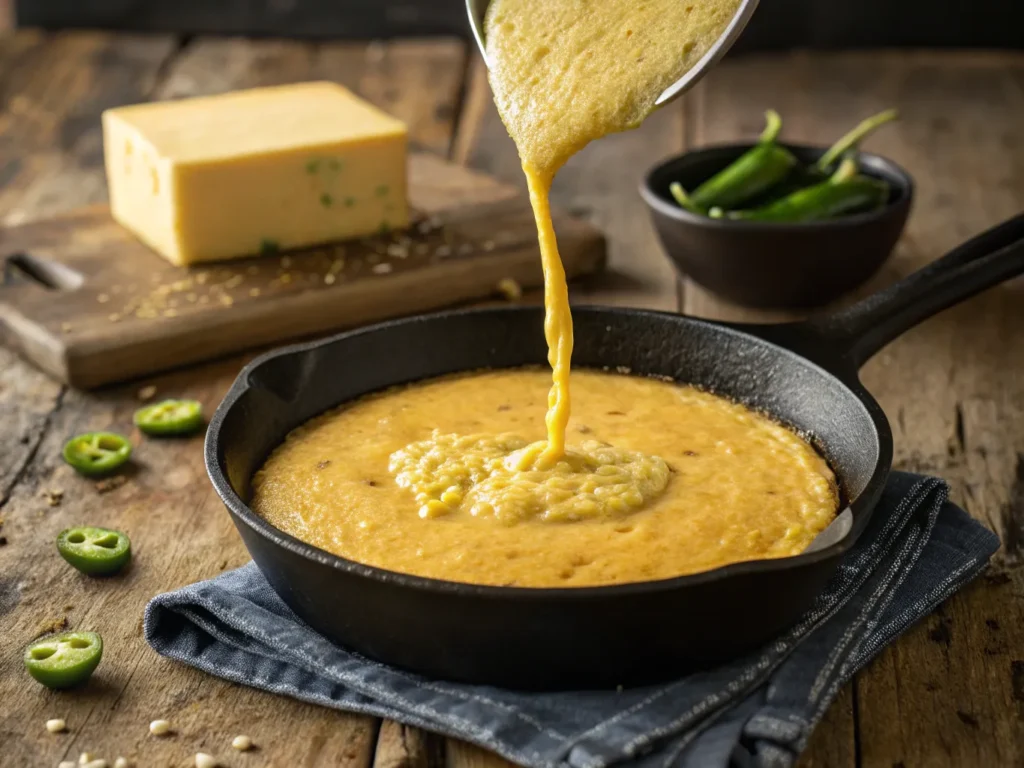 a close up of jiffy mexican cornbread batter being