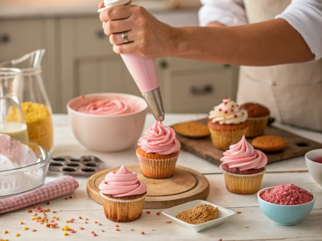 a close up shot of a baker filling a cupcake with