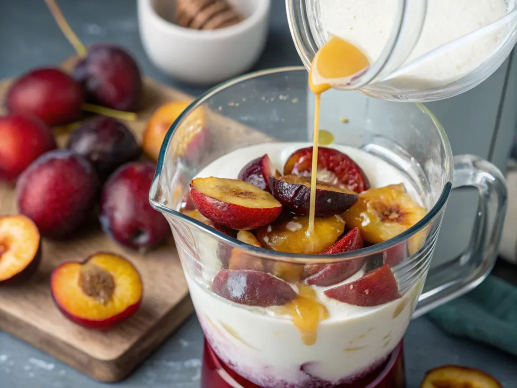 a close up shot of a blender with fresh plums mi