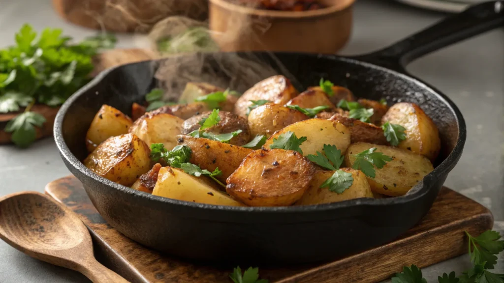 Smothered potatoes in a cast-iron skillet with golden-brown edges.