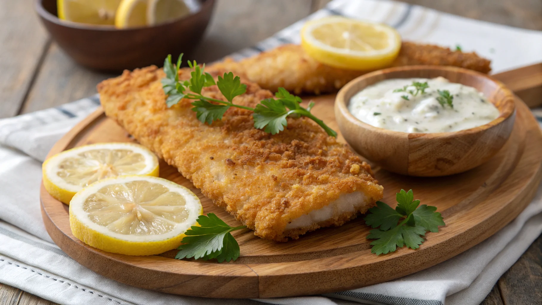 Crispy fried walleye fillet with lemon and tartar sauce