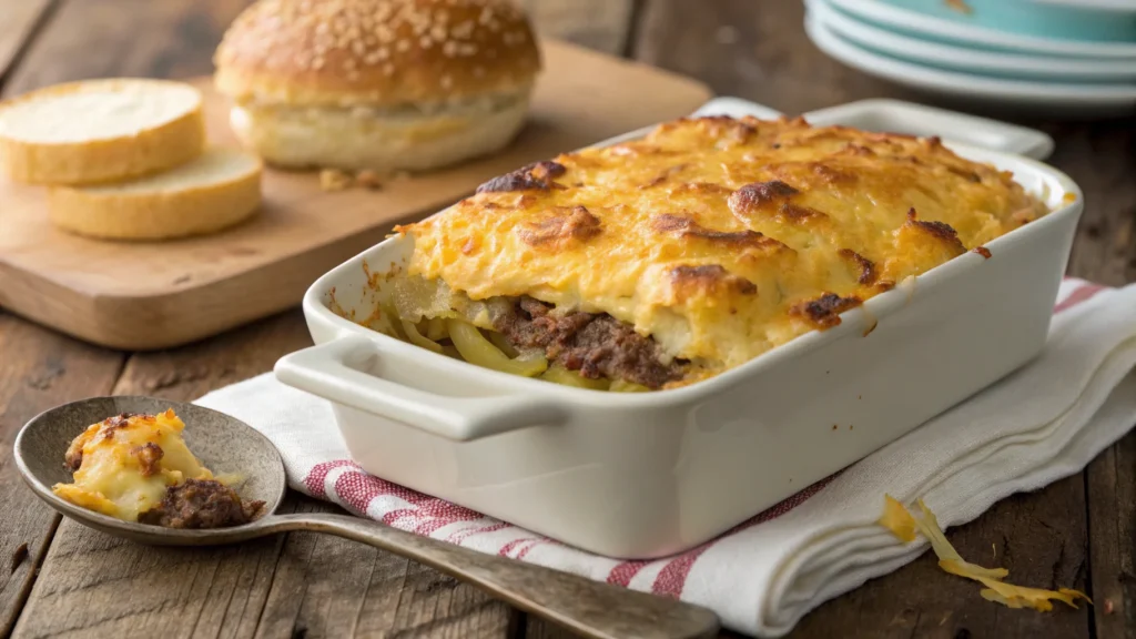 Hamburger and potato casserole with melted cheese