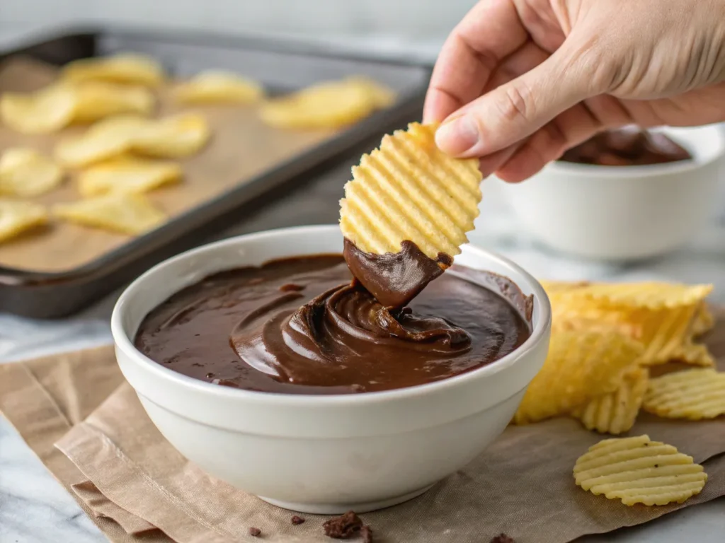 a close up shot of a hand dipping a thick ridged