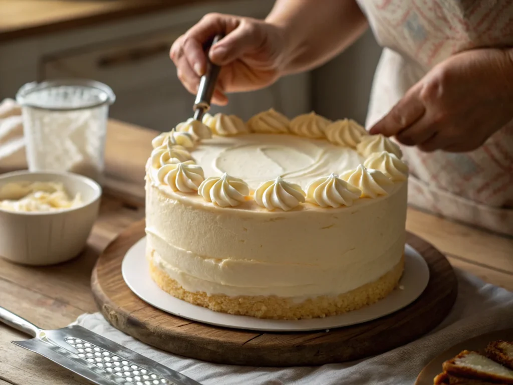 a close up shot of a homemade vanilla cake being f