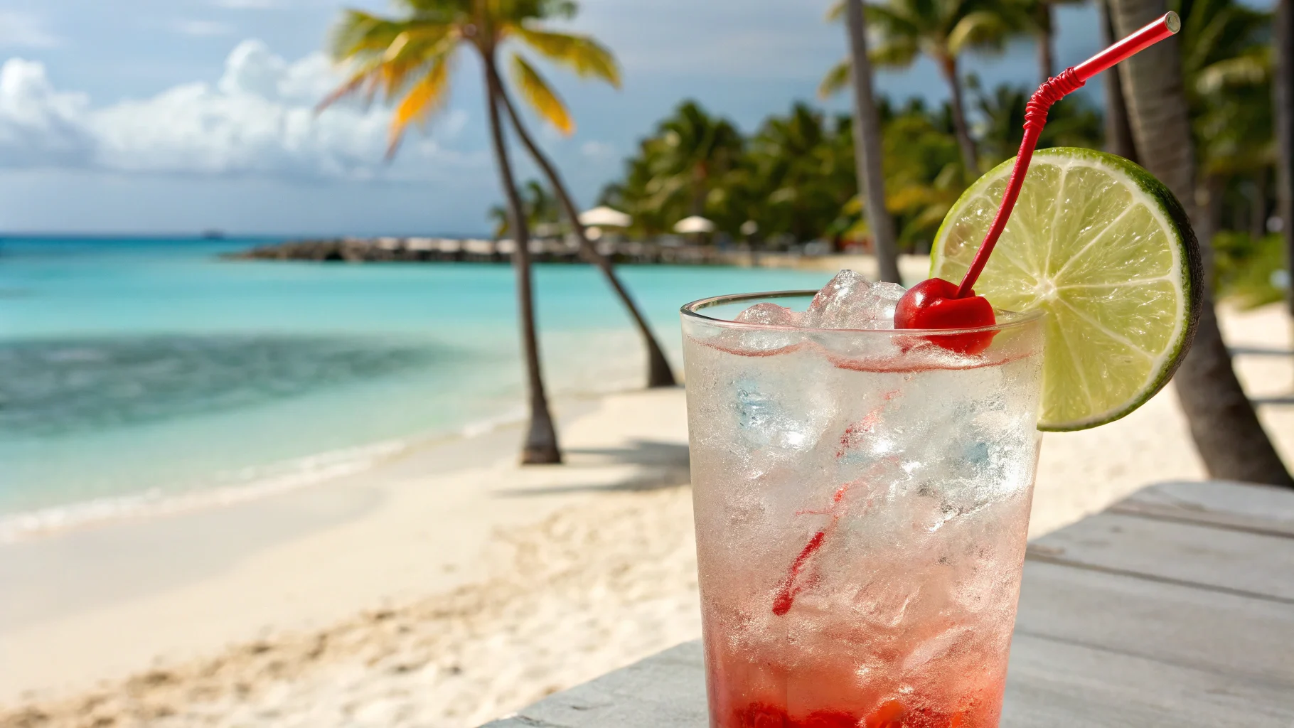 Malibu Bay Breeze cocktail with lime and cherry garnish.