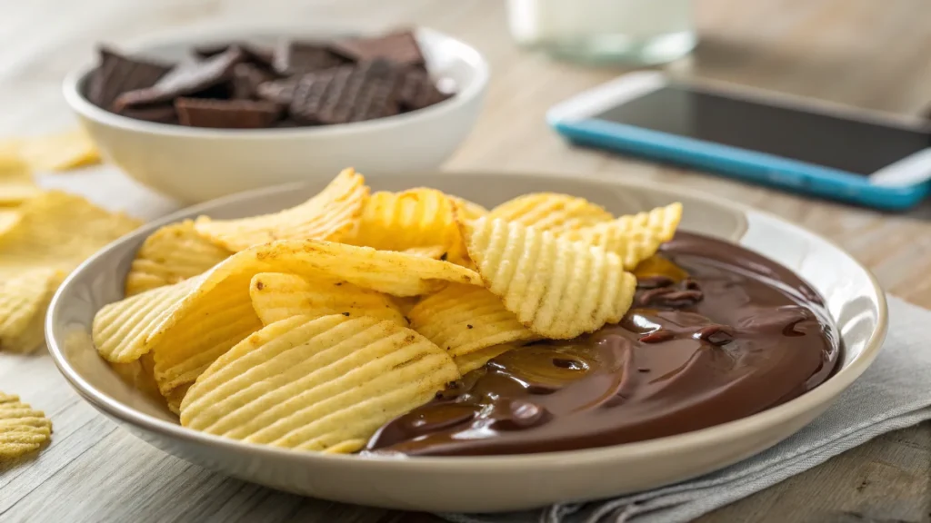 Chocolate covered potato chips with dark and milk chocolate coating