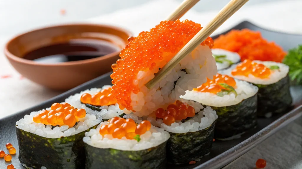 Close-up of tobiko sushi gunkan maki