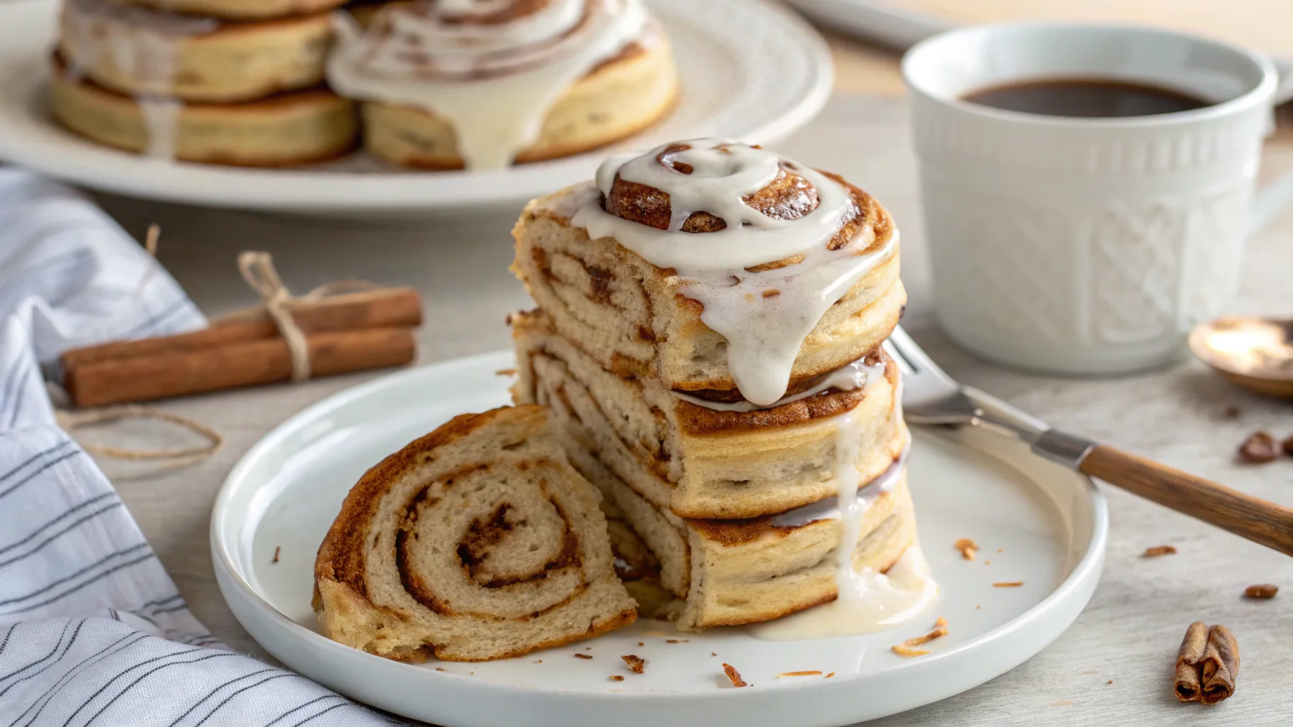 Stack of cinnamon roll pancakes with creamy glaze.