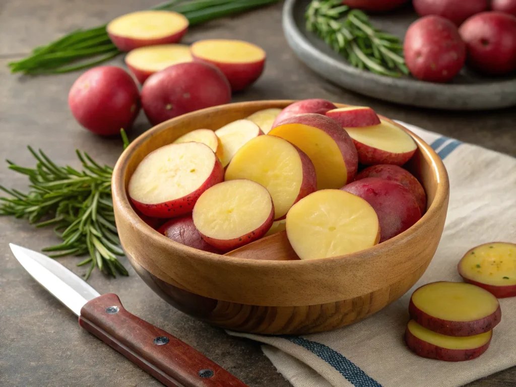 a close up shot of sliced yukon gold and red potat